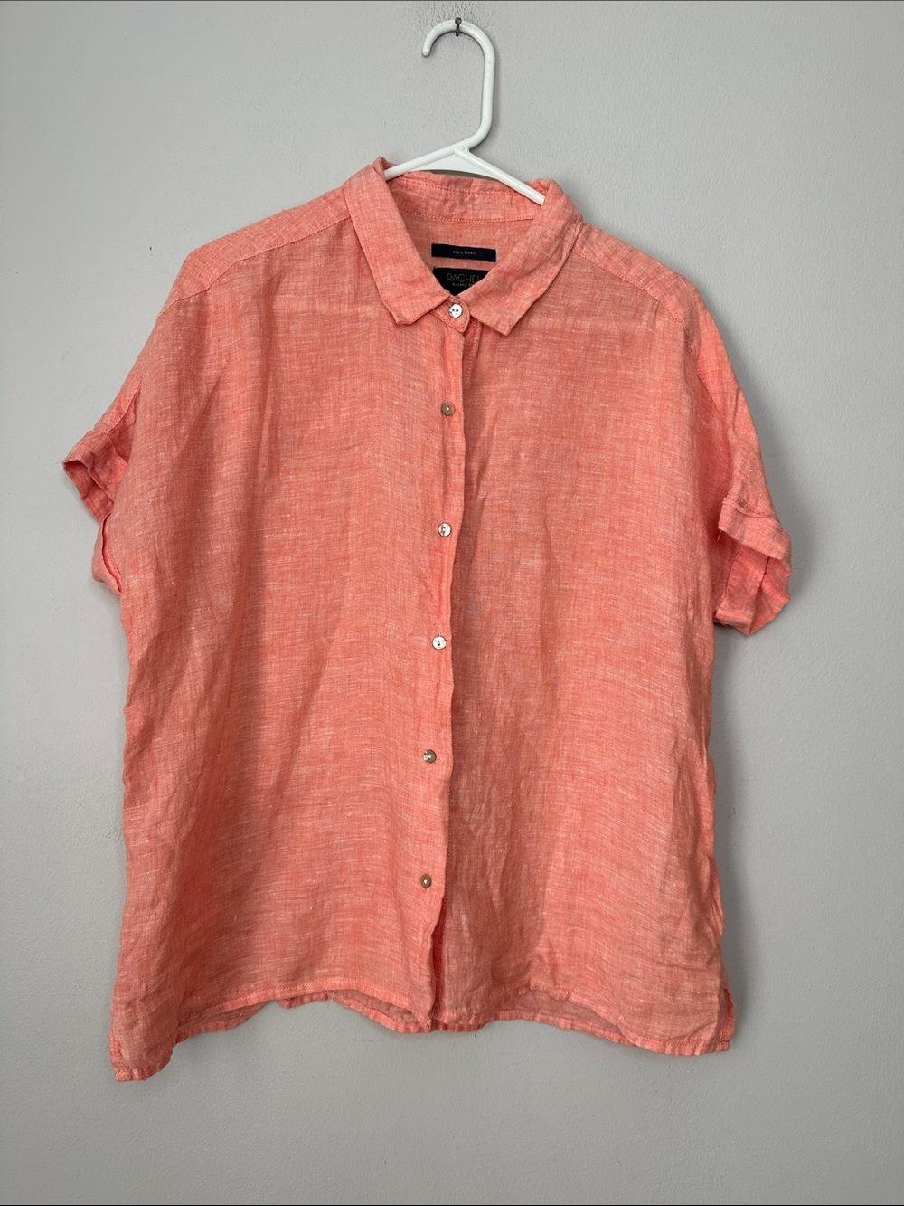 Coral Short-Sleeve Linen Button-Up Shirt size L